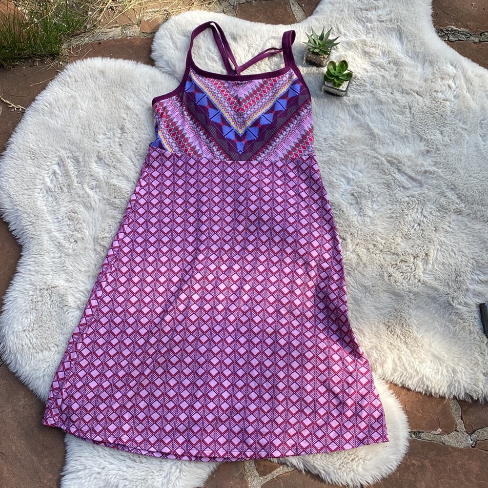Prana Cora Cross Back Violet Purple Printed Dress Size Small - Picture 2 of 11